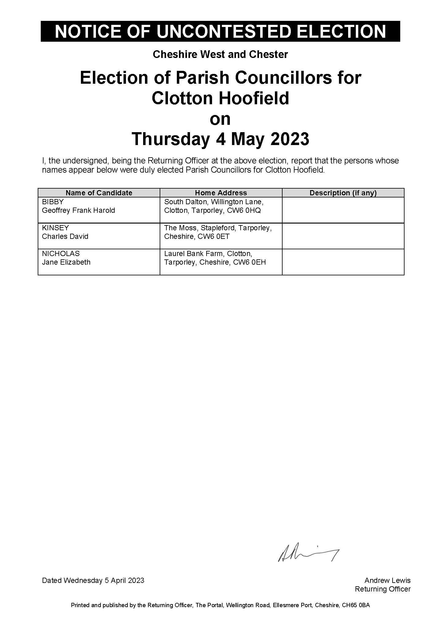 Notice of Uncontested Election - Thursday 4th May 2023